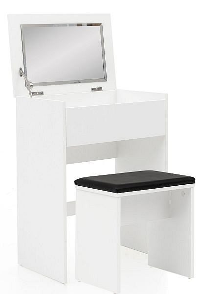 Wohnling toaletný stolík 60x81x40 cm biely konzolový stolík moderné drevo, kozmetický stolík s taburetom a zrkadlom, biely toaletný stolík s výklopnou priehradkou, WL5.730