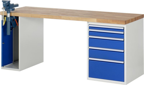 Pracovný stôl RAU séria 7000 - modulárne prevedenie, 5 x zásuvka, 1 x skrinka so zverákom, 2000x840x700 mm, 03-7511A2-207B4S.11