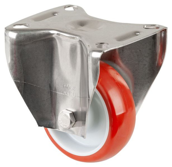 BS kolieska transportný valček z nehrdzavejúcej ocele, pevný valec, šírka 28 mm, Ø80 mm, do 100 kg, behúň polyuretánová červená, plast, klzné ložisko, doska, H110.B26.080