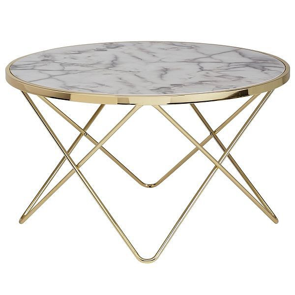 Dizajnový konferenčný stolík Wohnling Mramorový vzhľad Biely Okrúhly Priemer 85 cm Zlatý kovový rám WL5,998