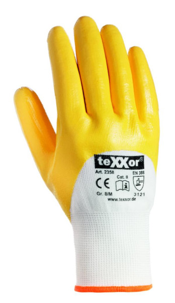 teXXor polyesterové pletené rukavice NITRILE COATED, veľkosť: 8, farba: biela/žltá, balenie: 144 párov, 2358-8