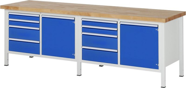 Pracovný stôl RAU séria 8000 - rámová konštrukcia (zváraný rám), 8 x zásuvky, 2 x dvierka, 2 x police, 2500x840x700 mm, 03-8470A2-257B4S.11