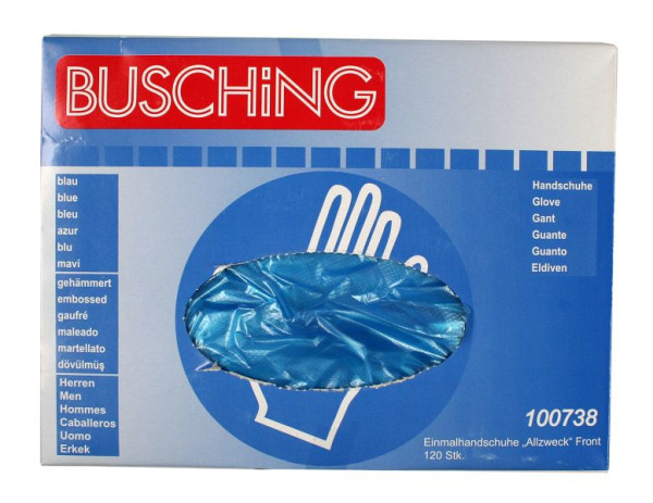 Jednorazové rukavice Busching "univerzálne" modré, vyberanie vpredu, 1 x dávkovacia krabica (120 ks), balenie 10 ks, 100738