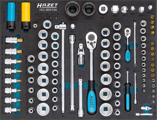 Sada nástrčných kľúčov HAZET, dutý štvorec 6,3 mm (1/4 palca), dutý štvorec 12,5 mm (1/2 palca), počet nástrojov: 104, 163-369/104