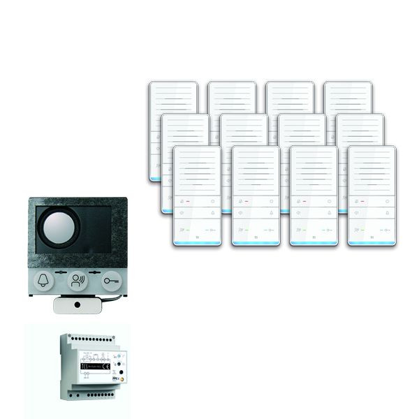 Systém ovládania dverí TCS audio:balová inštalácia pre 12 bytových jednotiek, so vstavaným reproduktorom ASI12000, 12x handsfree reproduktor ISW5031, riadiaca jednotka BVS20, PAIF120/002