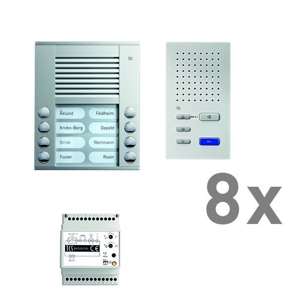 Systém ovládania dverí TCS audio:pack AP pre 8 bytových jednotiek, s preddverovou stanicou PES 8 zvonkových tlačidiel, 8x handsfree reproduktor ISW3030, ovládacie zariadenie BVS20, PAAF082/002