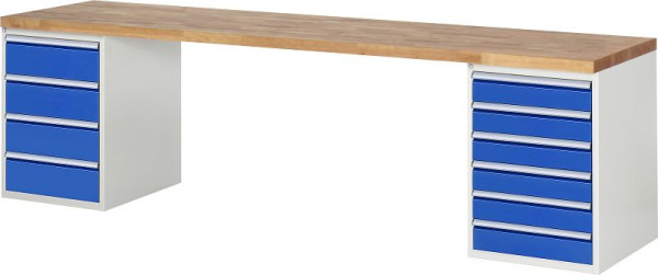 Pracovný stôl RAU séria 7000 - modulárne prevedenie, 2x spodné kontajnery (4x zásuvka, 6x zásuvka), 3000x840x700 mm, 03-7821A3-307B4S.11