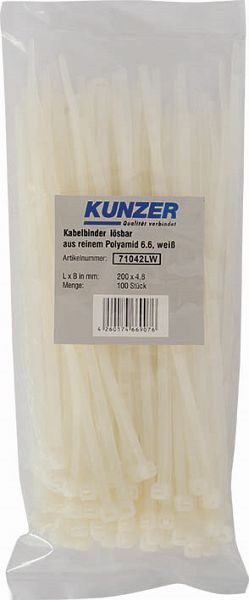 Sťahovacie pásky Kunzer 200 x 4,8 biele (100 kusov) odnímateľné, 71042LW