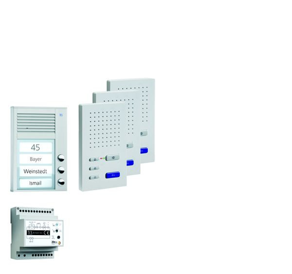Systém ovládania dverí TCS audio:pack AP pre 3 bytové jednotky, s vonkajšou stanicou PAK 3 zvonkové tlačidlá, 3x handsfree reproduktor ISW3030, riadiaca jednotka BVS20, PPAF03-SK/02