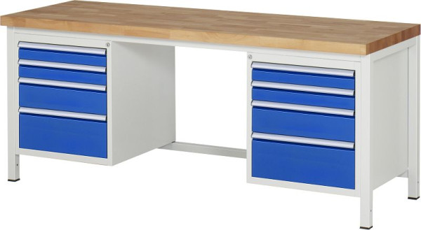 Pracovný stôl RAU séria 8000 - rámová konštrukcia (zváraný rám), 2 kontajnery spodnej konštrukcie (4x zásuvka), 2000x840x700 mm, 03-8182A1-207B4S.11