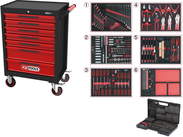 Dielenský vozík KS Tools ECOline BLACK/RED so 7 zásuvkami a 598 prémiovými náradím, 897,7598