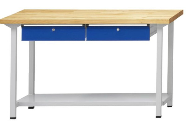 Pracovné stoly ANKE pracovný stôl; 1500 x 800 x 900 mm; RAL 7035/5010; Doska z masívneho buku 50 mm; 2x závesná zásuvka; 1x polica z oceľového plechu, hĺbka 600 mm, 401.283