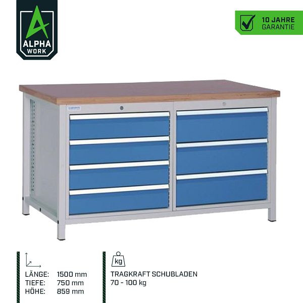 Pracovný stôl Alpha Work, 1500 x 859 x 750 mm, kryt: svetlosivá, panely: horcová modrá, rôzne výšky panelov, 07673