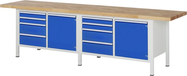 Pracovný stôl RAU séria 8000 - rámová konštrukcia (zváraný rám), 9 x zásuvky, 2 x dvierka, 2 x police, 3000x840x700 mm, 03-8470A2-307B4S.11