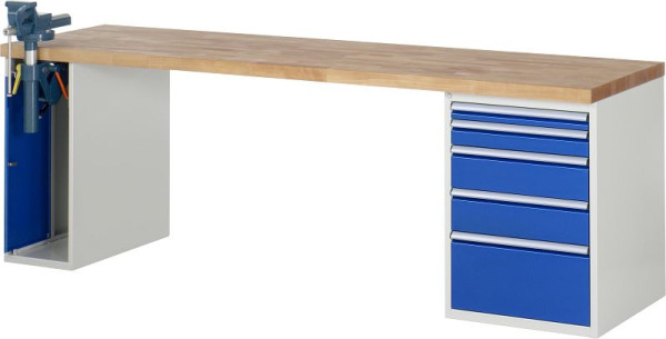 Pracovný stôl RAU séria 7000 - modulárne prevedenie, 5 x zásuvka, 1 x skrinka so zverákom, 2500x840x700 mm, 03-7511A2-257B4S.11