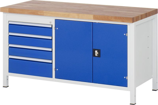 Pracovný stôl RAU séria 8000 - rámová konštrukcia (zvarený rám), 4 x zásuvka, 1 priehradka na náradie, 1 x polica, 1500x840x700 mm, 03-8905A2-157B4S.11