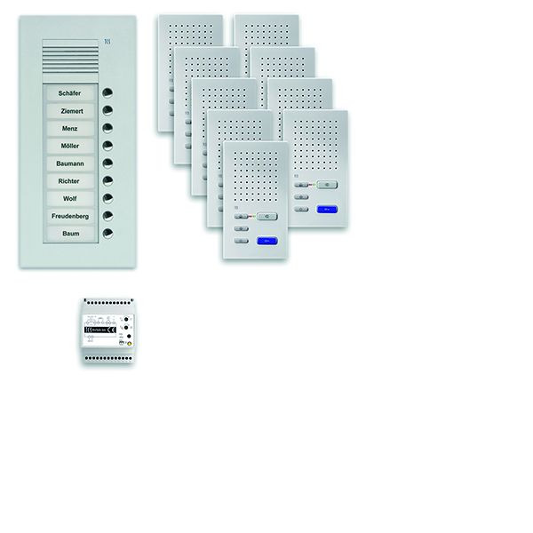 Systém ovládania dverí TCS audio:pack UP pre 9 bytových jednotiek, s preddverovou stanicou PUK, 9 zvončekových tlačidiel, 9x handsfree reproduktor ISW3030, ovládacie zariadenie BVS20, PPUF09-SK/02