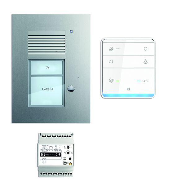 Systém ovládania dverí TCS audio:balenie AP pre 1 bytovú jednotku, s preddverovou stanicou PUK, 1 zvončekové tlačidlo, 1x handsfree reproduktor ISW5010, riadiaca jednotka BVS20, PSU2310-0000
