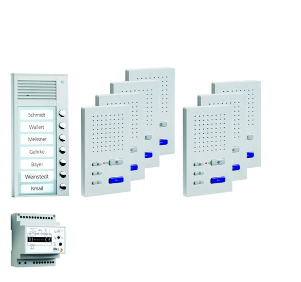 Systém ovládania dverí TCS audio:pack AP pre 7 bytových jednotiek, s vonkajšou stanicou PAK 7 zvonkových tlačidiel, 7x handsfree reproduktor ISW3030, ovládacie zariadenie BVS20, PPAF07-SK/02