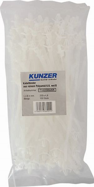 Kunzer sťahovacie pásky 200 x 4,8 biele (100 kusov) s kotvou, 71035WANK