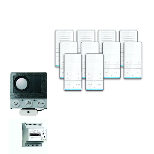 Systém ovládania dverí TCS audio:balová inštalácia pre 10 bytových jednotiek, so vstavaným reproduktorom ASI12000, 10x handsfree reproduktor ISW5031, ovládacie zariadenie BVS20, PAIF100/002
