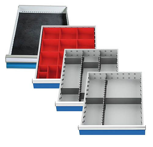 Sortiment delenia Bedrunka+Hirth (4 diely) pre zásuvky R 18-24, 1 x box na drobné diely, 2 x kovové delenie 450 x 600 mm, 500/584A