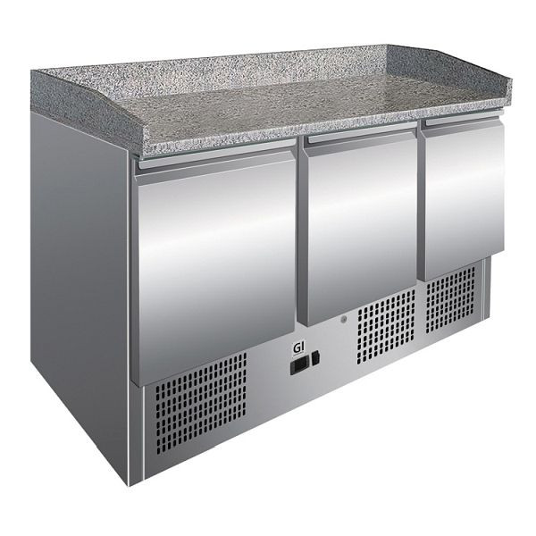 Nerezový chladiaci pult Gastro-Inox s 3 dverami a mramorovou pracovnou doskou, nútené chladenie vzduchom, čistý objem 400 litrov, 202.008