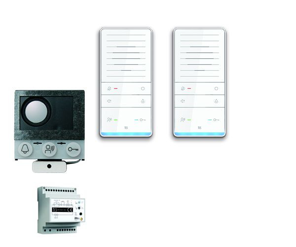 Systém ovládania dverí TCS audio:balová inštalácia pre 2 bytové jednotky, so vstavaným reproduktorom ASI12000, 2x handsfree reproduktor ISW5031, ovládacie zariadenie BVS20, PAIF020/002