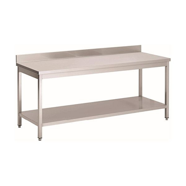 Nerezový pracovný stôl Gastro-Inox AISI 430 so spodnou policou a podstavcom, 700x600x850mm, vystužený 18mm hrubou povrchovou drevotrieskou, 301.176