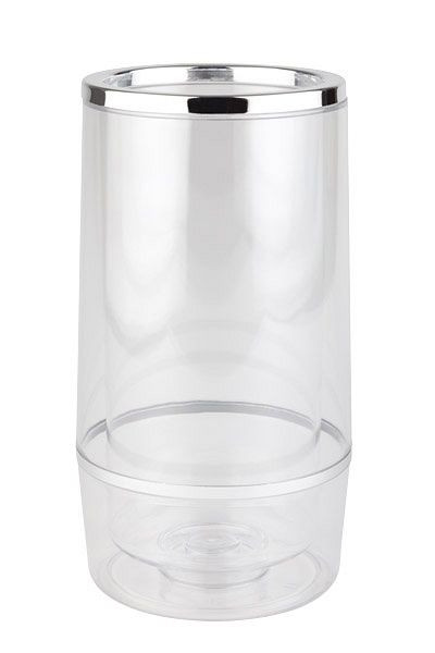 APS chladič fliaš, vonkajší Ø 12 cm, výška: 23 cm, PS, priehľadný, vnútorný Ø 10 cm, dvojplášťový, okraj / krúžok pochrómovaný, 36032
