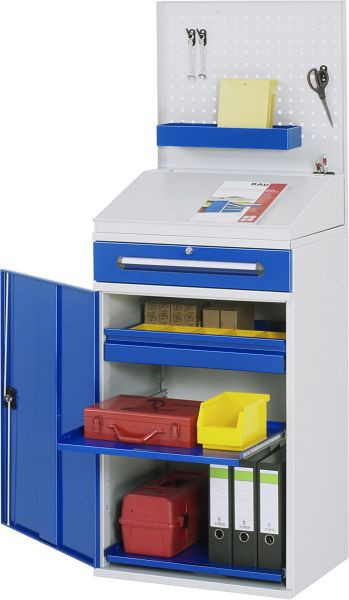 RAU bočná skrinka stojaci stôl, zásuvka a vnútorná zásuvka, dierovaný plech, 650x1110/1220x520 mm, 07-650-M04.11