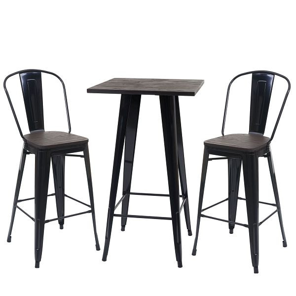 Mendler Set barový stôl + 2x barové stoličky HWC-A73 vrátane drevenej stolovej dosky, barové stoličky barový stôl, kovový priemyselný dizajn, čierna, 70401+70407