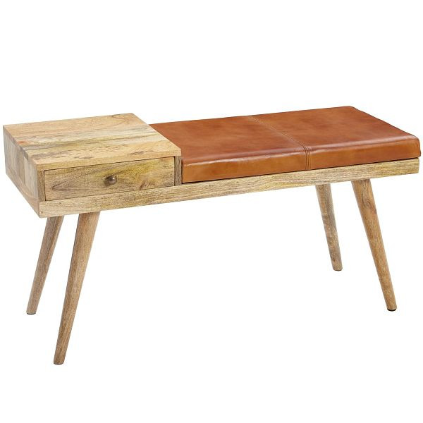 Wohnling lavica SALIM kozia koža / lavica z masívneho dreva 100x52x38 cm v retro štýle, WL5.322