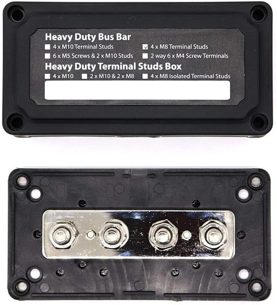 Offgridtec BusBar Box 4 x M8 spojovacie skrutky vrátane krytu a upevňovacích skrutiek čierna, 8-01-012830