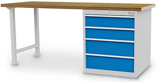 Bedrunka+Hirth radový pracovný stôl, so zásuvkovým blokom, so 4 zásuvkami, rôzne výšky čela, 03.20.780.4VA