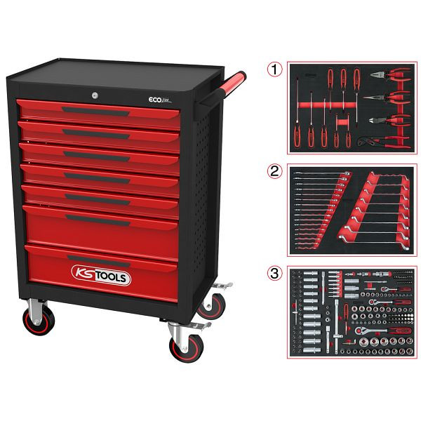 Dielenský vozík KS Tools ECOline BLACK/RED so 7 zásuvkami a 215 prémiovými náradím, 897,7215