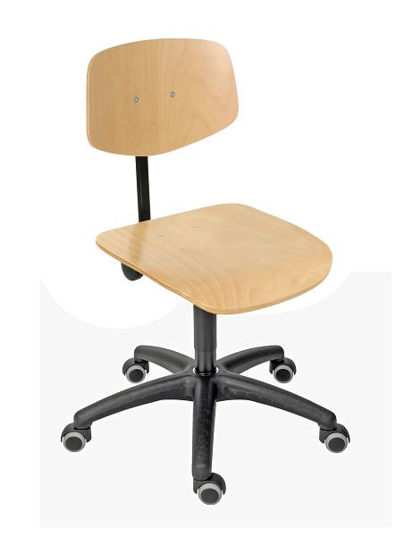 Pracovná stolička Lotz, sedák/operadlo prírodný buk, lakované, čierna plastová podnož, dvojité kolieska, výška sedenia 445-635 mm, 6162,12