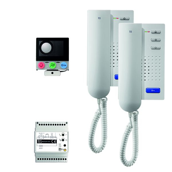 Systém ovládania dverí TCS audio:balová inštalácia pre 2 bytové jednotky, so vstavaným reproduktorom ASI12000, 2x domový telefón ISH3130 a ovládacím zariadením BVS20, PAIH020/002