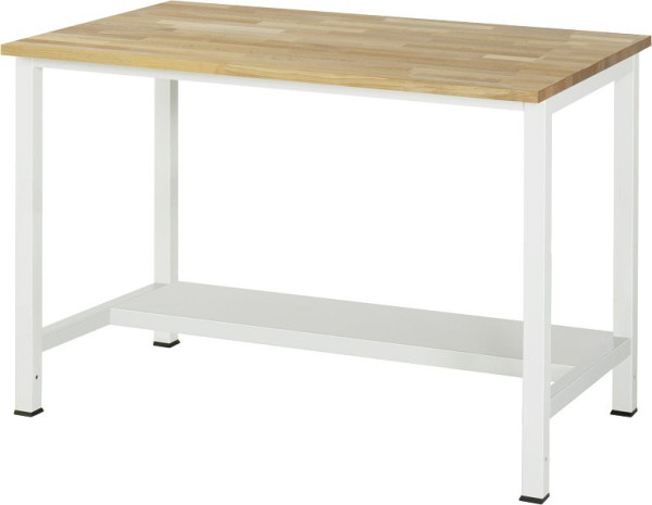 Pracovný stôl RAU séria 900, š1250 x h800 x v825 mm, pracovná doska masív buk, hrúbka 25 mm, s policou dole, hĺbka 320 mm, 03-900-3-B25-12.12
