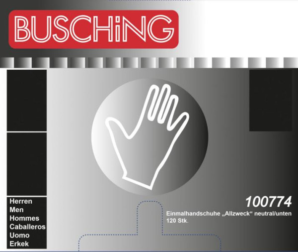 Jednorazové rukavice Busching "univerzálne", bezfarebné, vyberanie zo spodnej časti, 1 x dávkovacia krabička (po 120 ks), balenie: 10 kusov, 100774