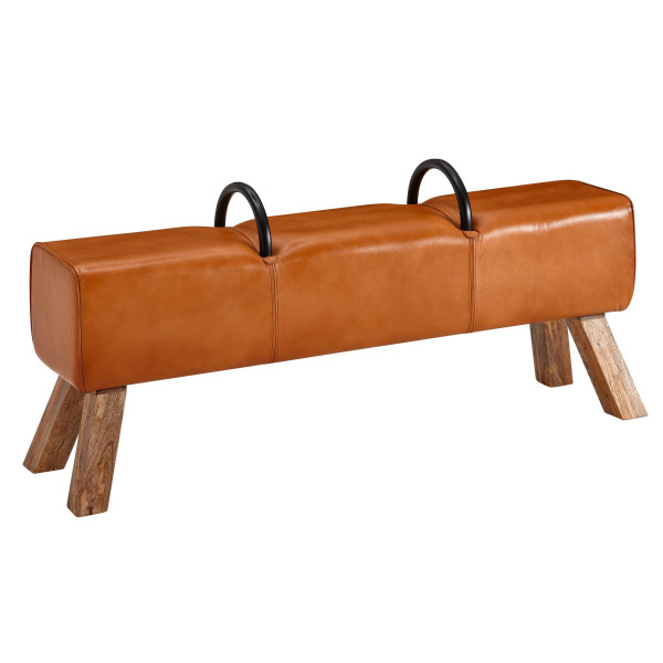 Lavička Wohnling z pravej kože / masívneho dreva 133x60,5x34 cm Kožená moderná gymnastika Bock, kožená stolička Springbock s rukoväťami, stolička na gymnastiku polstrovaná, 6,594 WL