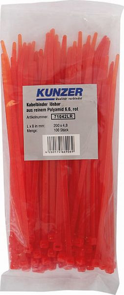 Sťahovacie pásky Kunzer 200 x 4,8 červené (100 kusov) odnímateľné, 71042LR