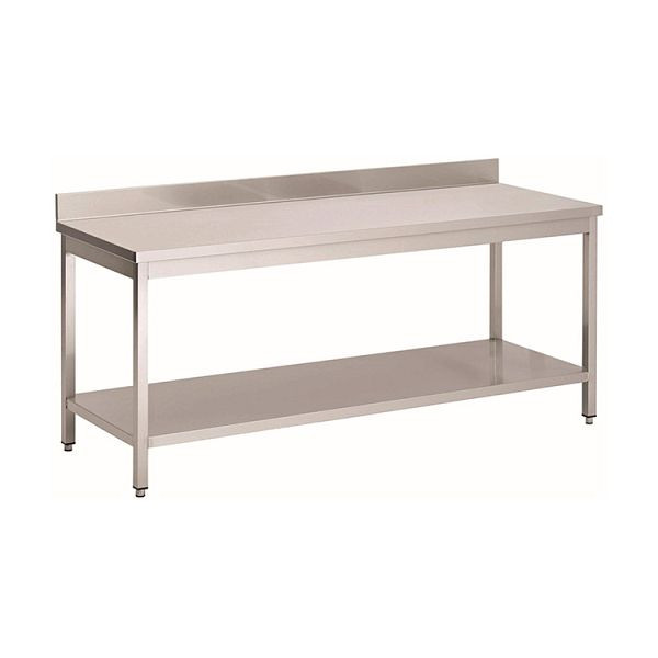 Nerezový pracovný stôl Gastro-Inox AISI 430 so základnou policou a podstavcom, 1600x700x850mm, vystužený 18mm hrubou poťahovanou drevotrieskou, 301.125