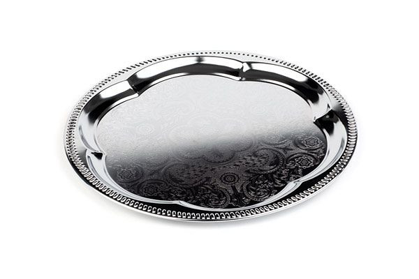 Párty tanier APS, okrúhly, Ø 35 cm, kov, poniklovaný a lesklý chróm, drážkovaný vnútorný povrch, valcovaný okraj, 48 ks, 00393
