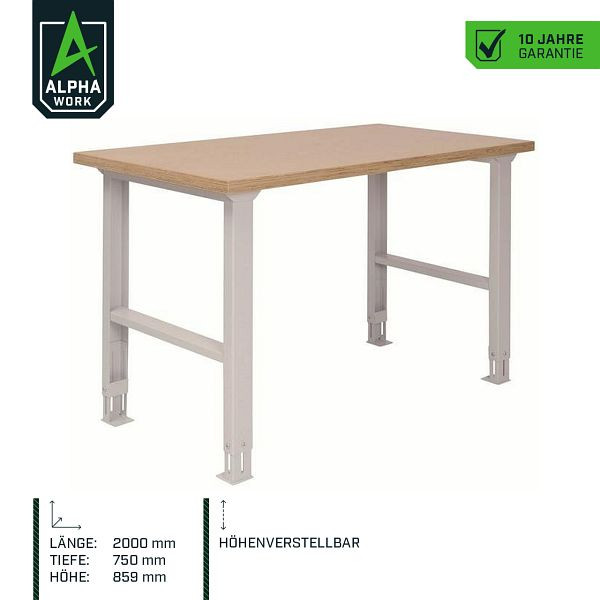 Prvoradý pracovný stôl Alpha Work, 2000 x 859 x 750 mm, svetlosivý, výškovo nastaviteľný, 07671