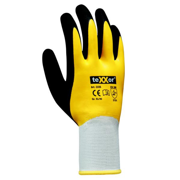 teXXor polyesterové pletené rukavice LATEX, veľkosť: 10, farba: biela/žltá/čierna, balenie: 120 párov, 2226-10