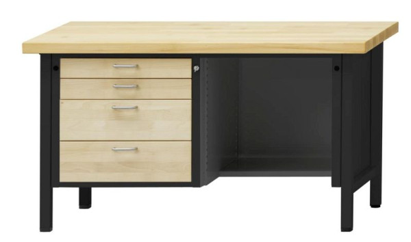 Pracovné stoly ANKE skriňový pracovný stôl; 1500 x 700 x 850 mm; Masívna buková doska 50mm; Ľavé 4 zásuvky 90, 90, 180, 180mm; Reset vpravo dole, 310122