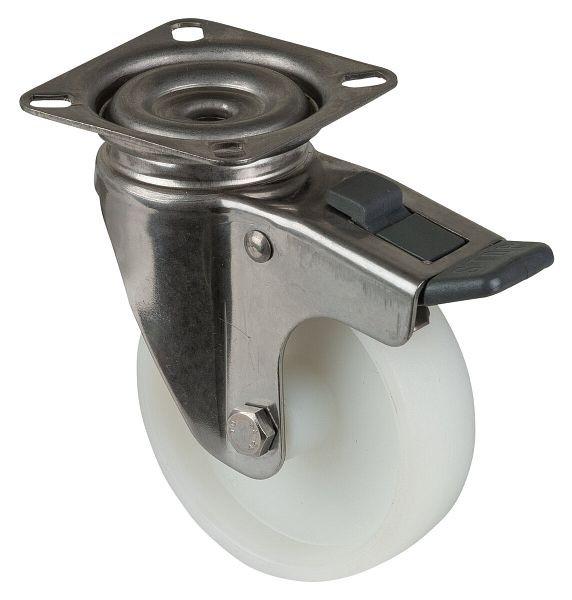 BS valčeky prístrojový valček z nerezovej ocele s brzdou, šírka 23 mm, Ø75 mm, do 60 kg, klzné ložisko, doska, balenie: 2 kusy, G120.A90.076