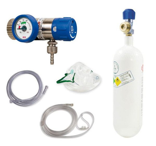 MBS Medizintechnik kompletný kyslíkový set - redukčný ventil a fľaša 2 litre - oceľová fľaša, možnosť 2-oceľ