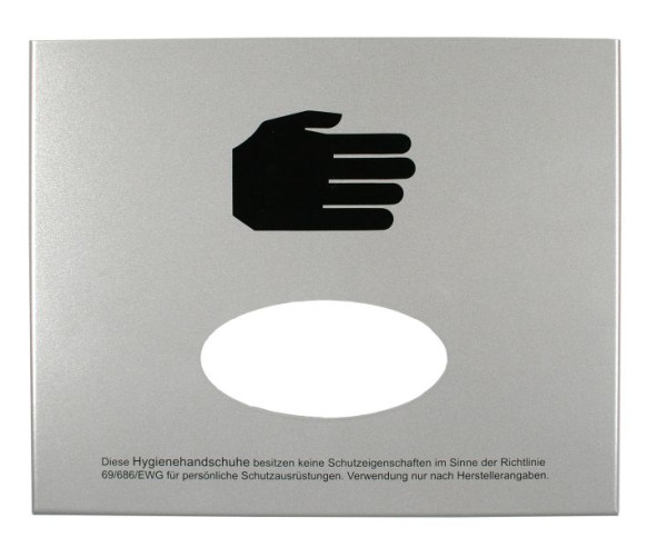 Zásobník na rukavice Busching, sťahovanie vpredu, otváranie vpredu v strede, hliník RAL 9006 s piktogramom/informáciami o ochrane, 100321